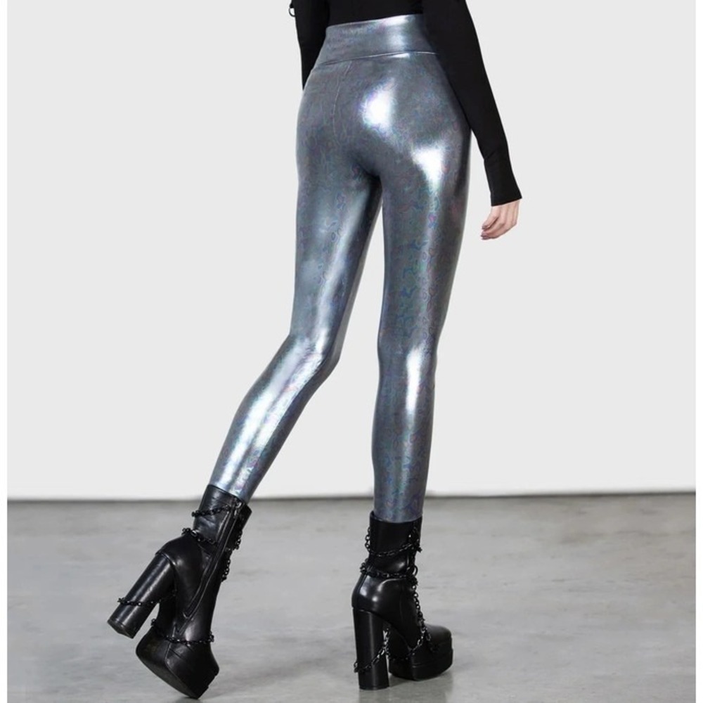 Killstar Beam Me Up Silver Holographic Iridescent High Waisted Leggings Medium - Picture 2 of 5